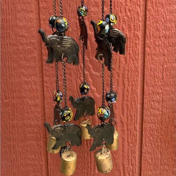 Elephant Boho Wind Chime Mobile w/ Millefiori Porcelain Beads Recycled Cow Bells - Picture 6 of 13
